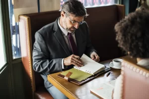 Lawyer discussing case with client